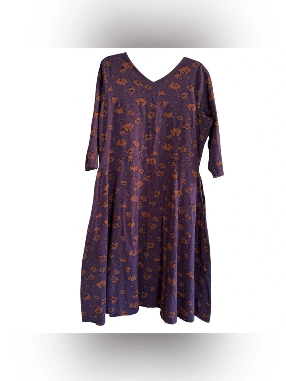 Pact Purple Tan Midi Dress Floral Earthy Organic Cotton V-neck 3/4 Sleeve XXL